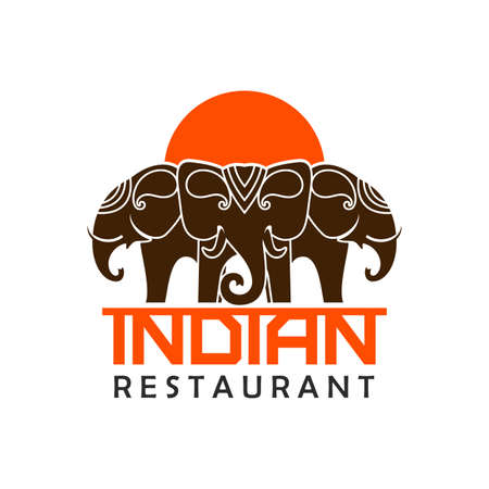 Indian restaurant vector icon of elephants holding orange sun with curved trunks, ivory tusks and ethnic ornaments. Traditional vegetarian dishes of Indian cuisine spice food menu symbolのイラスト素材