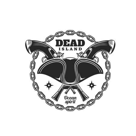 Pirate hat and crossed muskets icon, marine treasure and sailor buccaneers vector sign. Island of dead emblem with filibuster or pirate captain tricorne hat, round ship chain and pistol gunsのイラスト素材