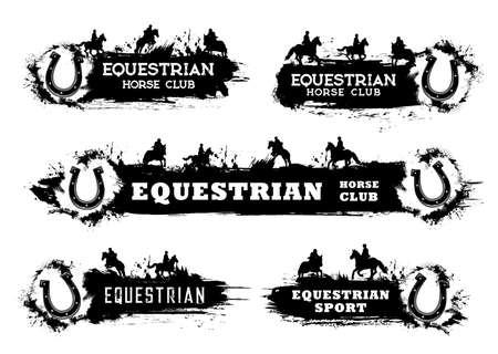 Horse racing, polo and riding equestrian sport grunge vector banners. Race horse, jockey or horseback rider, horseshoe and equine harness black silhouettes with halftone pattern and paint splashesのイラスト素材