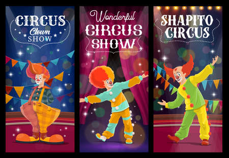 Shapito circus clowns and harlequin characters. Cartoon vector jesters, artists or performers on big top arena. Funsters in bright costumes perform on scene with backstage. Carnival show banners setのイラスト素材