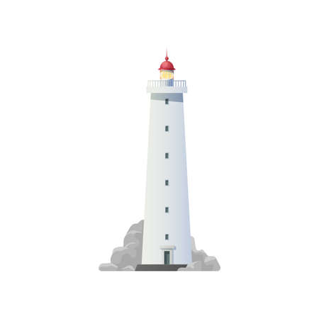 Lighthouse building vector icon with ocean or sea light house tower and marine beach rocks. Isolated nautical navigation beacon with searchlight lantern and red dome, maritime navigation safetyのイラスト素材