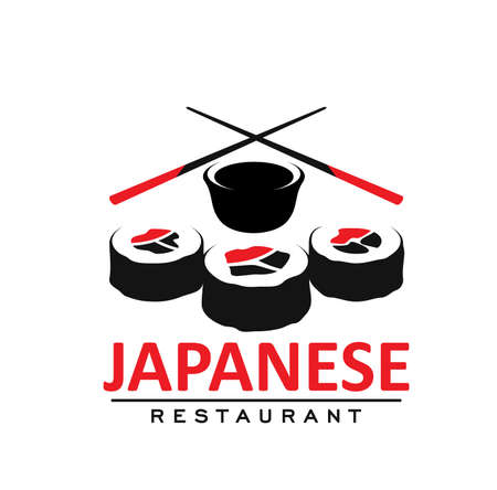 Japanese cuisine restaurant icon with rolls, soy sauce and sticks. Asian country food restaurant, japanese cafe vector emblem, icon with Hosomaki sushi rolls and crossed chopsticksのイラスト素材