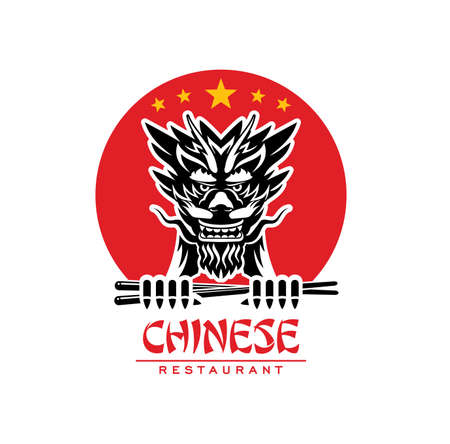 Chinese cuisine restaurant, dragon head and sticks, vector Asian bar emblem. Chinese cafe and authentic gourmet restaurant sign with dragon and noodles chopsticks on Chinese flagのイラスト素材