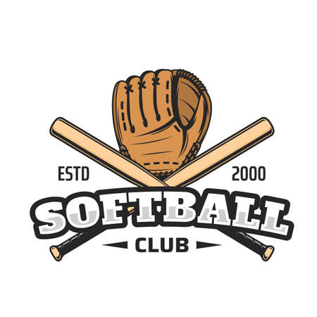 Softball club icon with two crossed wooden bats and softball, baseball catcher leather glove. Softball league or team, sport championship or tournament vector emblem, retro label or badgeのイラスト素材