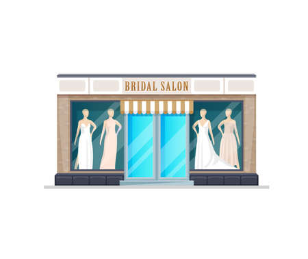 Bridal salon shop building. Vector wedding store facade wide showcase and mannequins in white dresses. Fashion boutique front window with models in vitrine. Fashionable gowns for brides marriage eventのイラスト素材
