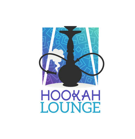 Hookah lounge icon with shisha, curved pipe and smoke. Vector emblem for hooka store, bar, restaurant or club. Oriental arabic equipment for vaporizing and smoking flavored tobacco with tube lablelのイラスト素材