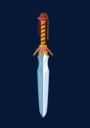 Magical cartoon glaive sword blade. Medieval sword or knife, vector fairytale dagger game weapon object asset, GUI element. Magic ancient Latin gladius sword with short blade and fringe on handleのイラスト素材