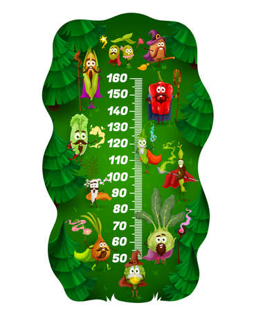 Kids height chart, cartoon wizard vegetables growth meter, vector. Measure scale or baby height ruler with pepper and tomato, potato, pea, onion and corn vegetable magician sorcerers with magic wandのイラスト素材
