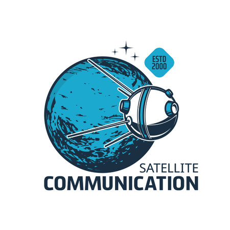 Telecommunication satellite icon. Vector galaxy universe Earth planet, stars and orbital artificial satellite with antennas. Space communication, radio and internet technologies isolated iconのイラスト素材