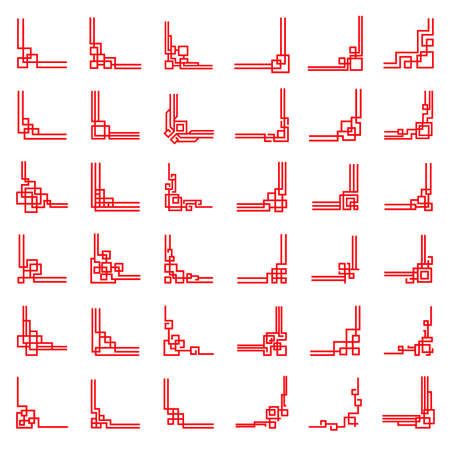 Asian red frame corners and dividers, vector Chinese, Korean or Japanese ornaments. Oriental Asian line pattern embellishments or border frames, China knot decoration and red corner dividersのイラスト素材