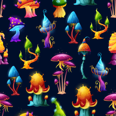 Seamless pattern. Fairy fantasy mushrooms and magic toadstools vector background. Cartoon luminous mushroom with acid caps, blue neon and purple toxic luminescent amanita or fungi in witch forestのイラスト素材