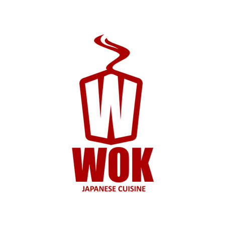 Chinese and Japanese wok box icon for noodles bar and Asian restaurant vector emblem. Chinese and Japanese cuisine sign for takeaway or delivery of red box noodles with ramen or udon foodのイラスト素材