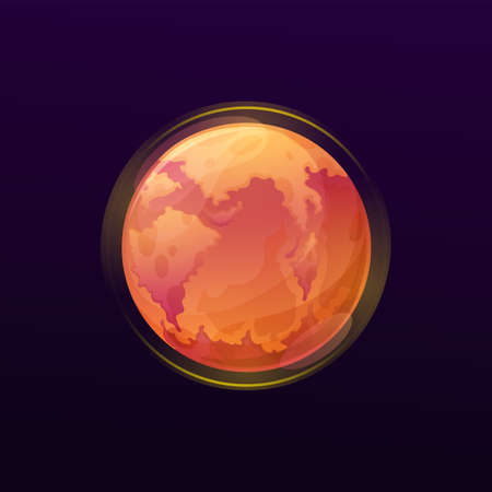 Red space planet with oceans and continents. Space fantasy or artificial world, game design element, kids comic planet UI cartoon vector icon with hot lava, melted rocks or desert surfaceのイラスト素材