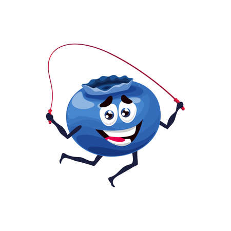 Cartoon blueberry character jumping rope. Comic ripe berry character doing fitness, vector funny blueberry character with smiling face training with jumping rope. fruit mascot doing exerciseのイラスト素材