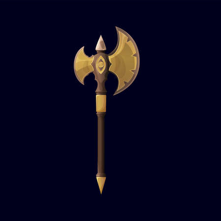 Magical Nordic battle ax or Skyrim weapon, vector battleaxe hatchet. Medieval fantasy and viking war armor, Norse or Scandinavian and Celtic epic Skyrim ax cleaver, combat game cartoon iconのイラスト素材