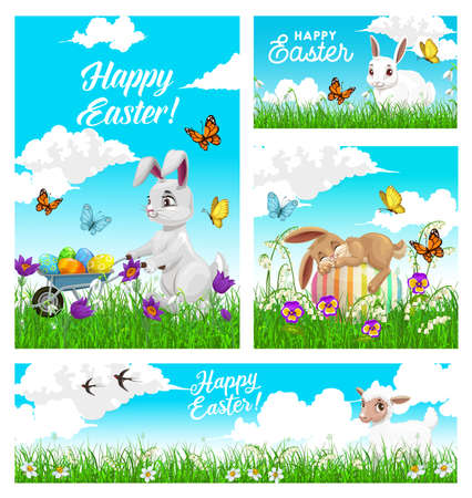 Happy Easter holiday vector posters, rabbit push wheelbarrow with decorated eggs, bunny sleeping on field, white sheep. Greeting card with cute cartoon animals on green meadow. easter egg hunt bannerのイラスト素材