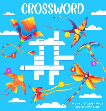 Kites in cloudy sky crossword worksheet, find a word quiz game. Cartoon vector cross word test for kids educational and recreational activity with ramp, butterfly, fish, dragonfly, eagle and swallowのイラスト素材