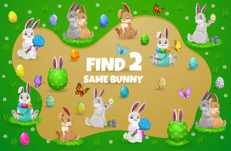 Easter kids game with cartoon bunnies and eggs. Vector education puzzle, memory game or matching riddle template, find two same Easter bunnies with eggs, flowers and butterflies on spring green grassのイラスト素材