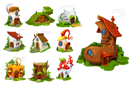 Cartoon fairytale houses and dwelling, fantasy isolated vector buildings. Pumpkin, tree stump, old boot and cozy cottage. Fairy, gnome or elf cute homes in fly agaric mushroom, hillock and teapot setのイラスト素材
