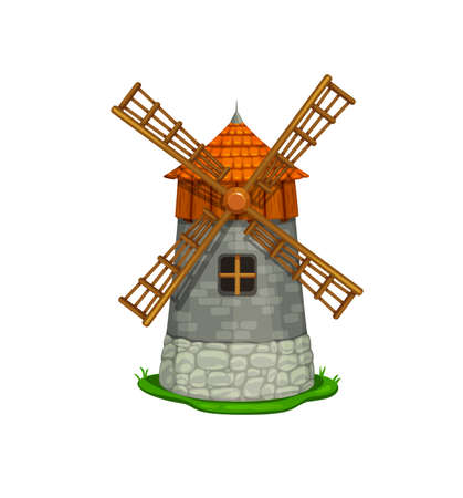 Cartoon fairy tale windmill building. Vector antique traditional wind mill for flour grinding with vanes propeller. Millstone for grain or bread processing, isolated vintage houseのイラスト素材