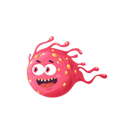 Cartoon virus cell vector icon, cute bacteria or germ mascot character with funny face and sharp teeth. Smiling pathogen microbe monster, micro organisms smiling. Pink cell move isolated signのイラスト素材