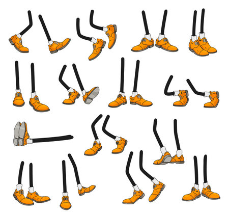 Cartoon legs, isolated comic feet in laced yellow shoes. Vector stick foot walk, stand and jump, run, lie, dance and go. Body parts front, side, rear view, limbs in footwear on white backgroundのイラスト素材