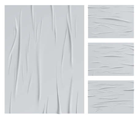 Glued wrinkle paper mockup, adhesive crumpled paper posters. Vector white wet creased or ripped sheets texture with corrugation, isolated blank rectangular design elements, realistic 3d setのイラスト素材