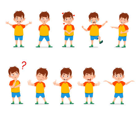 Cartoon boy with different emotions and expressions. Cute kid vector character in shirt and shorts with various emotion face. Happy, sad, smiling and laughing, crying, angry or worriedのイラスト素材