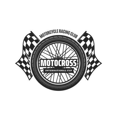 Motocross icon, motorcycle and motors racing or speedway sport club vector symbol. Custom choppers championship cup, motocross speedway rally racing icon with checkered flags and wheelのイラスト素材