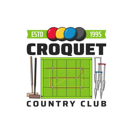 Croquet icon with balls, mallets and hoops. Croquet country club, team or training school vector emblem, sport tournament or championship label, retro icon with game equipment and croquet courtのイラスト素材