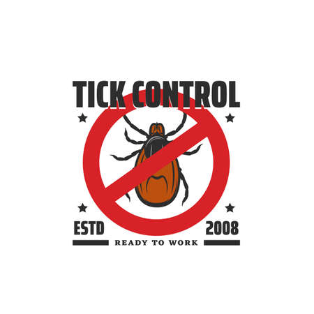 Tick control sign, parasites and insects extermination service emblem. Ixodidae hard-bodied tick crossed out in red circle. Dangerous bloodsucking insects vector warning sing, caution symbolのイラスト素材