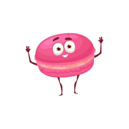 Macaron french pastry bakery isolated cartoon character. Vector sweet funny kawaii macaroon emoji emoticon, friendly fiction bakery dessert. Cute food snack, gourmet confectionery with faceのイラスト素材