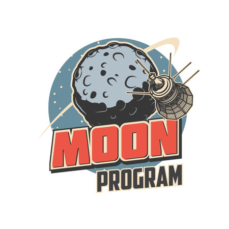 Moon program, orbital station or satellite in spaceflight to planet, vector emblem. Lunar rover...