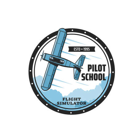Pilot school flight simulator icon. Flying club round emblem or retro sticker, pilot academy or training center vector symbol with vintage propeller monoplane airplane, old aircraft flying in skyのイラスト素材