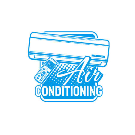Air conditioning icon with split system conditioner and remote control. Air conditioning and ventilation installation service vector symbol, emblem or icon with air heating and cooling systemのイラスト素材