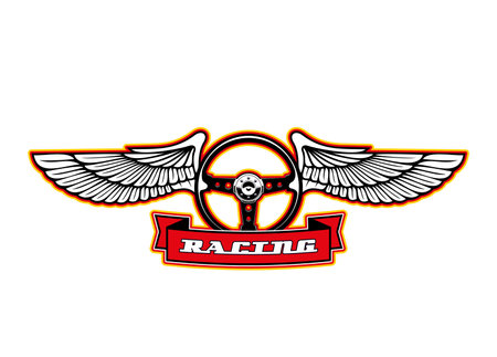 Racing sport icon, car races and motors rally symbol of wheel on wings. Automobile speed drift or drag racing championship, car racing sport club icon ribbonのイラスト素材