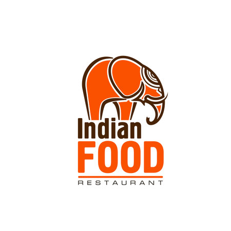 Indian restaurant food vector icon of orange elephant animal with curved tusk, trunk and paisley ornament. Asian cuisine restaurant, ethnic cafe or bistro, bar and buffet isolated symbolのイラスト素材