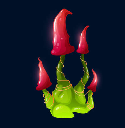 Fantasy magic poisonous red mushroom. Magic organism, cartoon vector luminous fungi GUI icon. Fantasy, alien planet mushroom, flora or fauna organism colony with conical red capes and green studsのイラスト素材