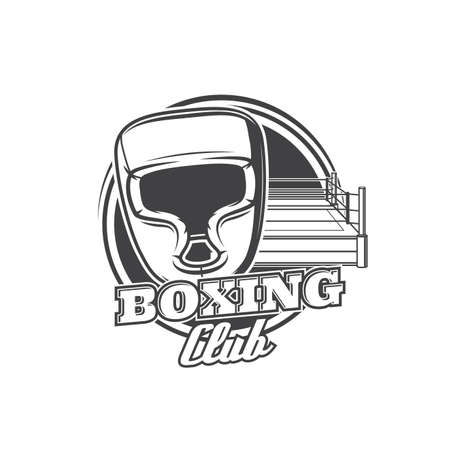 Boxing club vector icon with boxer helmet and ring. Box sport equipment and fighter protective items, boxing sport club, competition tournament or championship fight isolated round badgeのイラスト素材