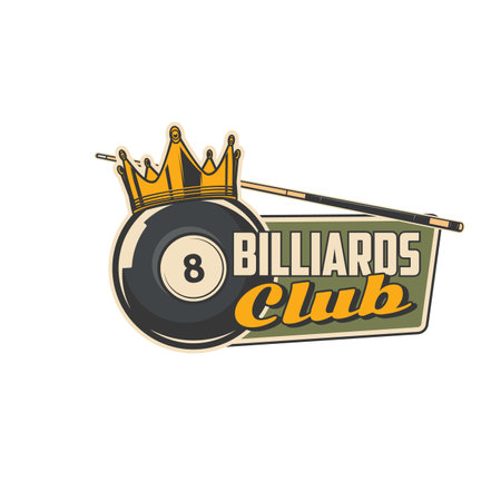 Billiards club icon or pool sport game tournament and poolroom vector sign. Snooker billiards badge of championship game with 8 eight balls in golden crown of victory and and cuesのイラスト素材