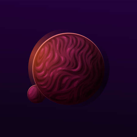 Dark space planet with rough surface, fantasy galaxy and alien galactic vector satellite. Mysterious planet with star and craters cracks from asteroids, interstellar and cosmic fantasy worldのイラスト素材