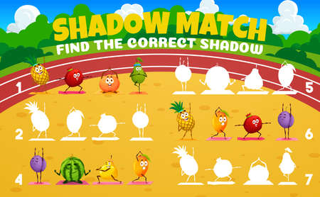 Shadow match game worksheet, cartoon fruit characters on yoga. Vector kids riddle with pineapple, garnet, mandarin and pear, plum, watermelon, quince and mango on stadium, logical task mazeのイラスト素材