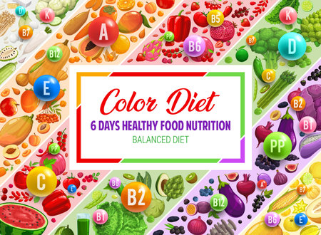 Healthy food nutrition, color rainbow diet banner with vitamins and minerals. Rainbow color diet, healthy nutrition dieting system or plan vector background with fresh vegetables, fruits and berriesのイラスト素材