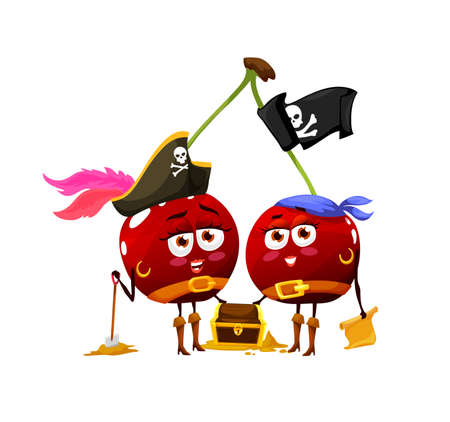 Funny cartoon cherry twins pirate characters with treasure chest and map, vector kids character. Funny cherries or fruits food as Caribbean pirate sailors in bandana, tricorne hat and Jolly Roger flagのイラスト素材
