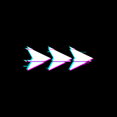 Way pointer arrow pointing jump forward right on malfunction distortion display with glitch effect,...