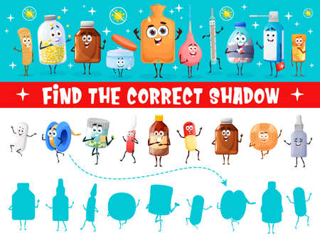 Find the correct shadow maze worksheet of cartoon vector drugs, pill and medication characters. Kids education puzzle game or quiz with silhouettes of drops and spray bottles, capsules, pills, plasterのイラスト素材