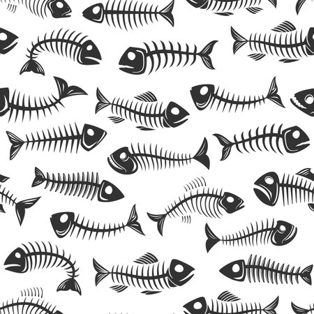 Fish bone seamless pattern. Fishbone skeleton silhouettes background. Seafood waste, ocean or sea...