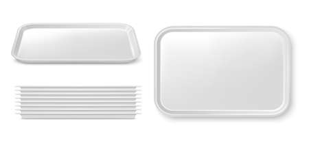 Realistic isolated plastic food trays serving platters or plates 3d vector. Empty white plastic tray mockup and stack. Fast food restaurant, cafeteria, cafe or catering service dishwareのイラスト素材