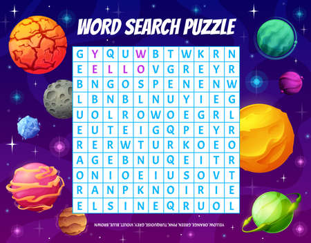 Word puzzle game grid with cartoon color space planets. Children word search crossword educational riddle, child playing activity vector game. Kids logical worksheet with find word in letters row taskのイラスト素材