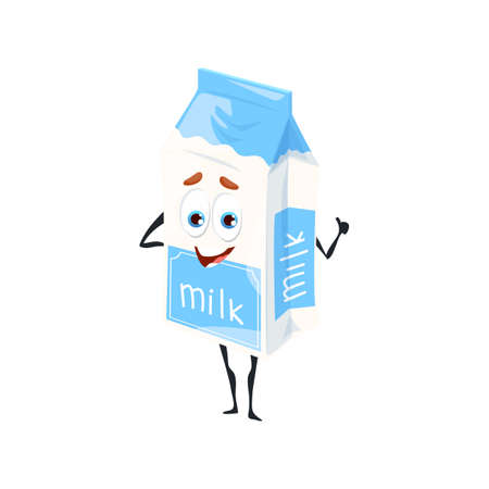 Cartoon funny milk character, dairy food and drink with cute happy face, vector character. Milk pack emoji with kawaii smile and thumb up gesture, kids comic character for packageのイラスト素材